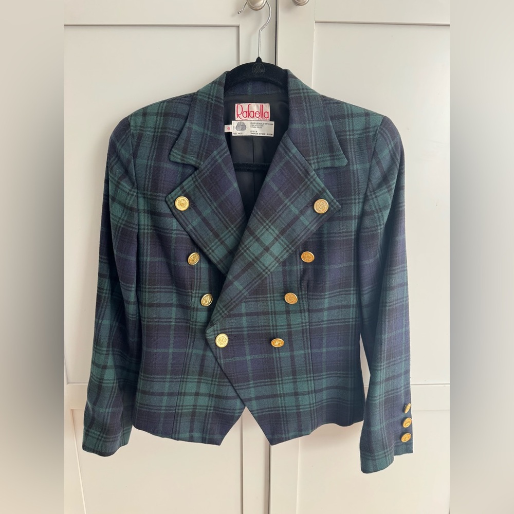 Vintage Rafaella 100% Wool Plaid Blazer Size 6 Petite Gold Button Preppy Jacket